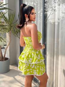 AIJ Amarilo Women Sleeveless Strapless Shirred Ruffle Hem Mini Dress Casual Elegant Sexy Flounce Hem Fit And Flare Woven Fabric Vacation Summer - Grass Green - View 2