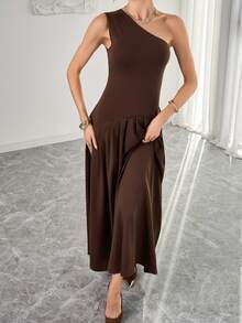 Brown Off-Shoulder Asymmetrical Long Dress, Fitted Top And Loose Bottom Design, Elegant For Formal Occasions Like Weddings - Brown - View 6