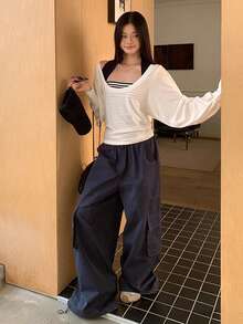 Spring/Summer Navy Blue Loose Straight Leg Casual Pants, Drawstring Waist, Wide Leg, Slimming Pockets, Sports Utility Trousers Winter - Navy Blue - View 3