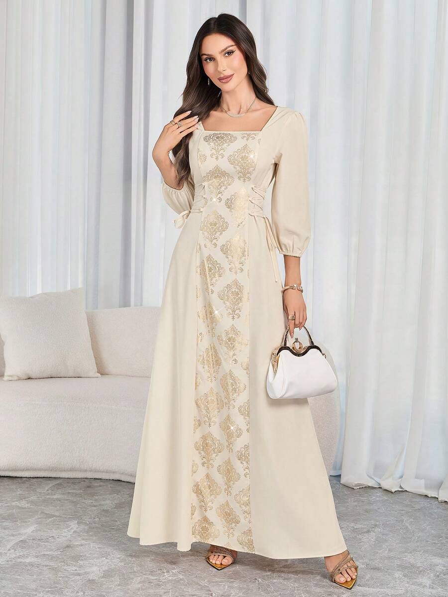 Women's Elegant Gold Foil Trim Dress - With Drawstring Waist And Puff Sleeves, Minimalist And Fashionable, Ideal For Middle Eastern New Year Celebrations And Everyday Wear - Apricot - View 1