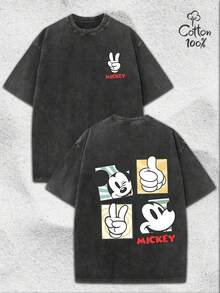 Disney Mickey Mouse Retro Hand Gesture Double-Sided Graphic Vintage Washed Oversized T-Shirt, Classic Mickey Tee For Men/Women - màu đen - Xem 1