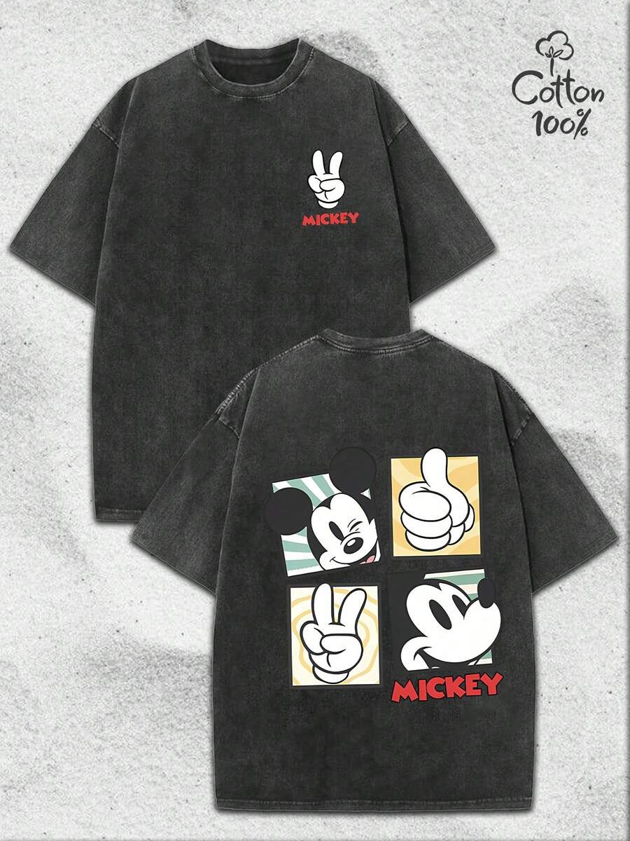 Disney Mickey Mouse Retro Hand Gesture Double-Sided Graphic Vintage Washed Oversized T-Shirt, Classic Mickey Tee For Men/Women - màu đen - Xem 1