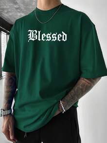 男士夏季美式哥特式文字图案圆领短袖T恤 - 墨綠色 - 查看 1