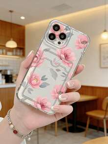 Cardholder Phone Case, Romantic Pink Flower Design Phone Case, Novelty Case Compatible With IPhone - Clear - View 2