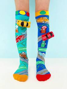 1 Pair Kids Over-The-Knee Socks, Unique 3D Car Decor Design, Crazy Fun Sock Style, Suitable For All Seasons, Great For Crazy Day Gifts, Kids Parties, Valentine's Day, Easter, Holidays, Outdoor And Daily Wear - Baby Blue - View 10