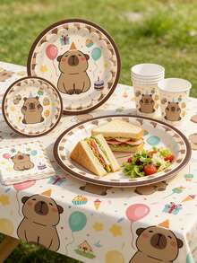 80/10pcs Cartoon Capybara Theme Party Supplies Set, 7/9 Inch Plates Cups Napkins Banners Tablecloth Set, Suitable For 10-80 Guests, Suitable For Birthday Picnic Camping Celebration Decoration - Multicolor - View 3