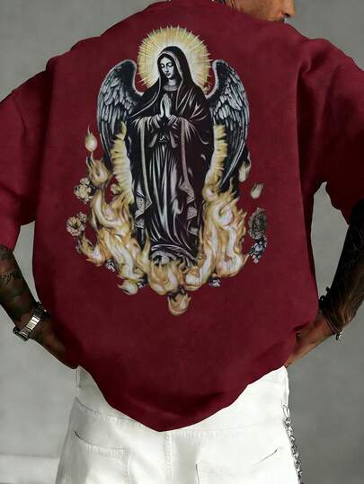  Fractyr Men's Fashion Casual Street Style Loose Short-Sleeve T-Shirt | Retro Style | Virgin Mary Blessing & Purifying Flame Element Print | Exquisite Design | A Must-Have For Spring And Summer | Basic Style, Versatile And Easy To Wear, Cotton Feel | The Perfect Gift For Friends | Showcases Your Personal Style.