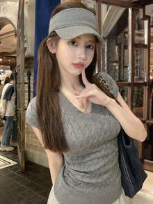 新款春夏休闲V领扭结修身灰色针织短袖上衣 - 花灰色 - 查看 4