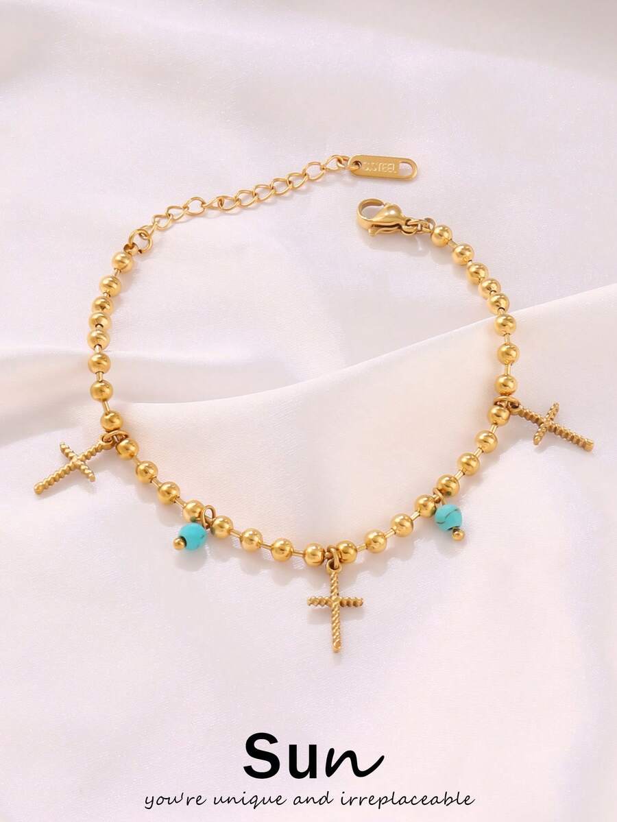 1pc Stainless Steel Cross Pendant Bracelet For Women Fashion Turquoise Charms Beads Chain Bracelets Waterproof Jewelry - Bracelet - View 1