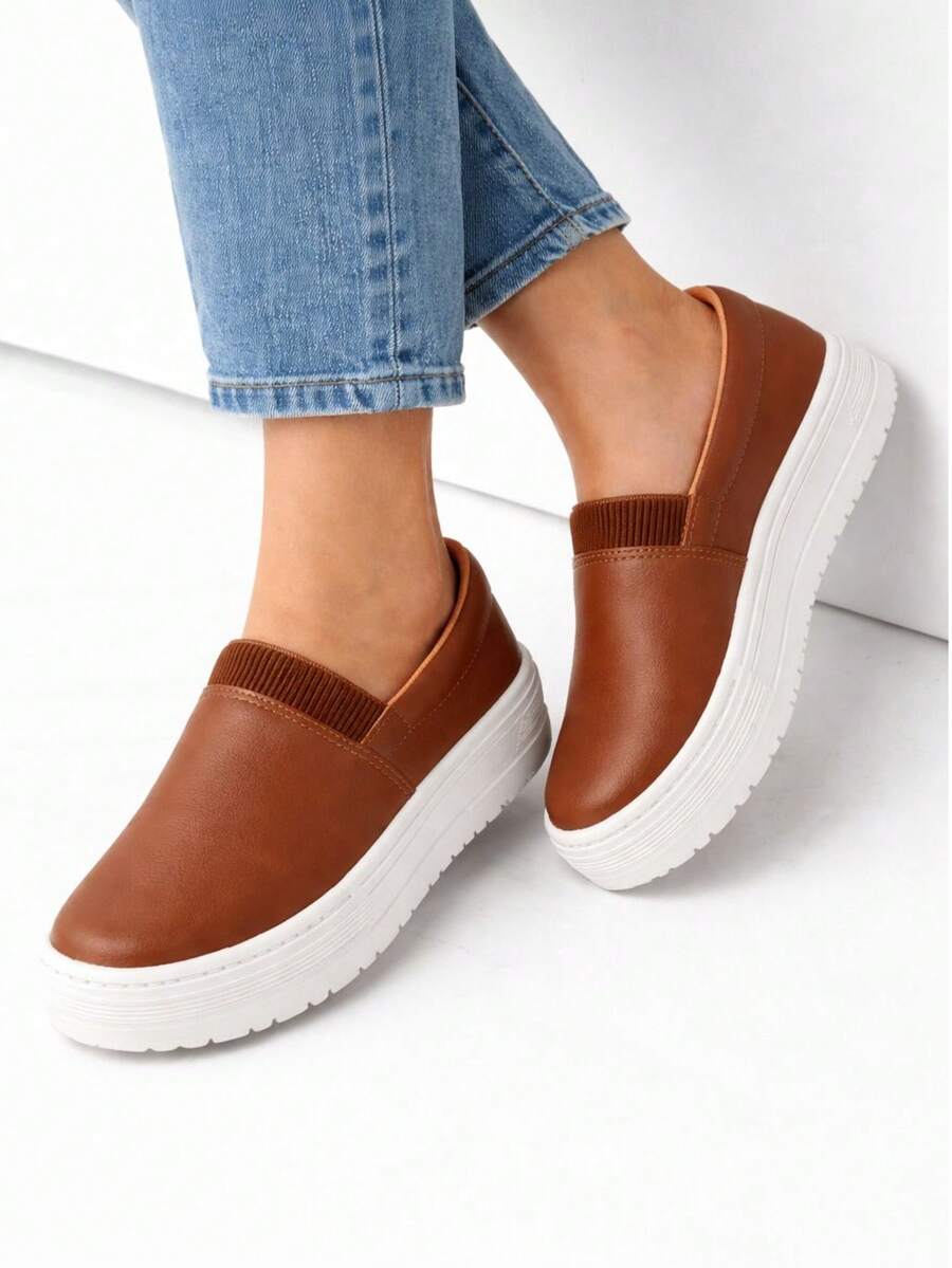 Women's Casual PU Leather Slip-On Sneakers For School And Outdoor Activities - Lạc đà - Xem 1