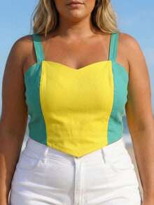 Women's Plus Size Cropped Blouse BrazilCore Summer World Cup Thick Straps Point Detail Look Brazil BrasilCore - 綠/黃 - 查看 2