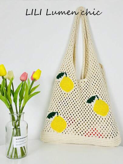 New Hollow-Out Knitted Tote Bag For Women, Large-Capacity Yarn Shoulder Bag In Solid Beige. The Spacious Interior Shoulder Bag Features An Open-Top Closure With Dual Handles, Can Be Worn On The Shoulder Or Carried By Hand, Suitable For Girls For Shopping, Daily Commuting, And Other Occasions.