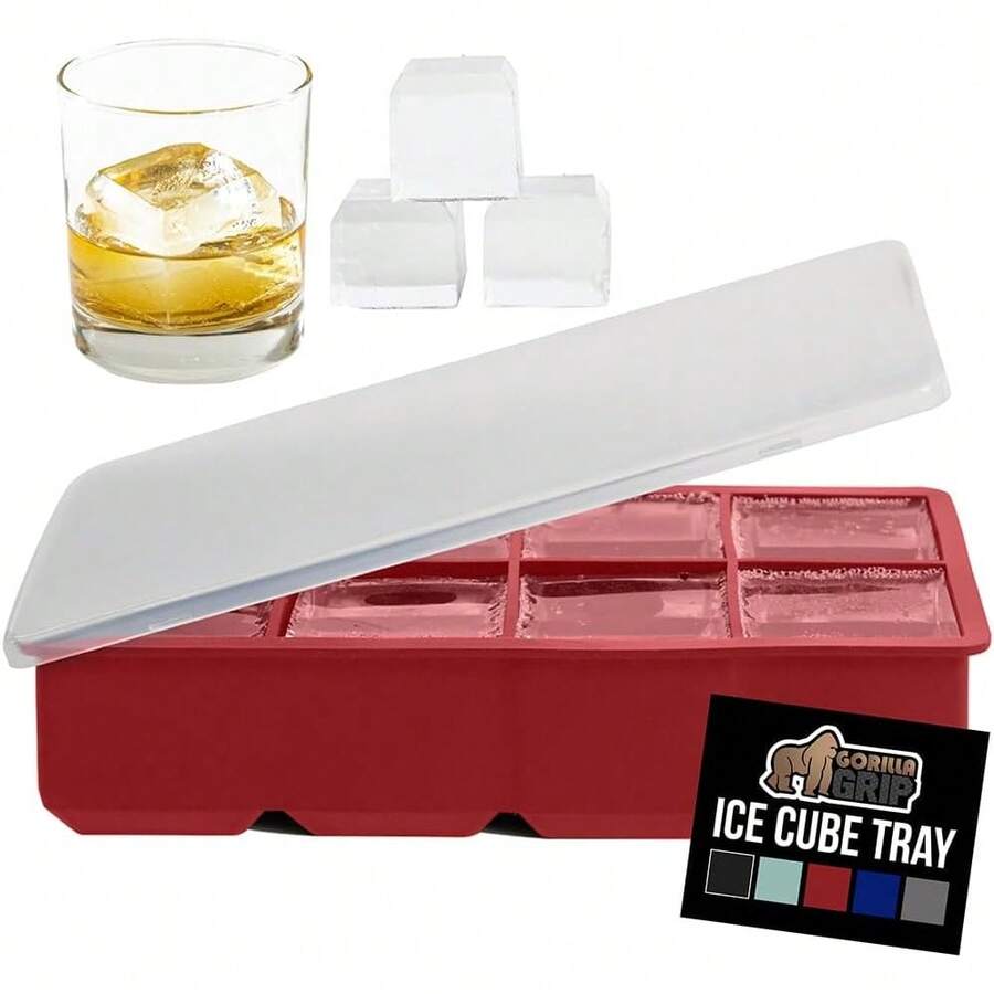 Gorilla Grip Slow Melting Large Silicone Ice Cube Tray For Freezer, 1 Pack, Easy To Push 8 Giant Square Cubes, Use For Cocktails, Iced Coffee, Water Bottle, Frozen Puree, Kitchen Bar Essentials, Red - ColorD - 查看 1