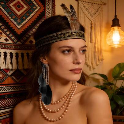 3件套波西米亚风仿羽毛头饰套装，复古刺绣头饰，适合波西米亚派对、角色扮演、音乐节、复古舞会