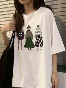 Women's Loose Fit Round Neck Short Sleeve Letter & Cartoon Print T-Shirt, Spring/Summer - White - View 2