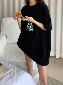 Đầm ngắn dáng rộng in chữ màu đen dành cho nữ, kiểu dáng thanh lịch mùa hè. - màu đen - Xem 5