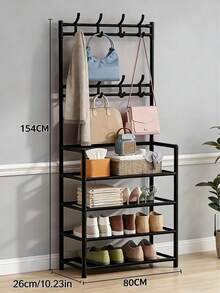 一款多功能4層/5層鞋子收納架，配有8個掛鉤，帶擱板掛鉤，多功能鞋子和衣服收納架，節省空間的家居整理器，適用於臥室、房間門口、客廳小角落等多場景 - 黑色 - 查看 5