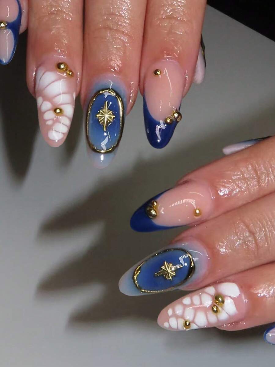 24片杏仁形3D凝胶美甲贴纸，打造花卉美甲，法式粘贴设计，珍珠点缀，完美适配亚克力甲片，包含：1片果冻凝胶和1个指甲锉，豹纹和盛开美甲图案，适合女性日常工作、节日和派对场合。 - 藍色 - 查看 1