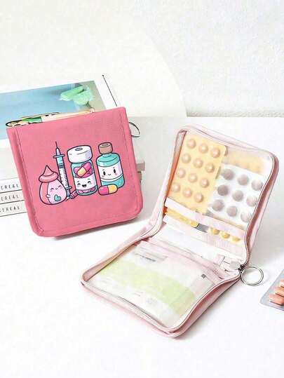 1pc Portable Medicine Bag, Cute Storage Bag With Cartoon Pill & Syringe,Compact Pill Organizer & First - Pouch,Portable Medical Kit,Travel - Friendly Medication Storage For Daily/Outdoor/Travel/Dorm, Essential For Health - Conscious & On - The - Go Users