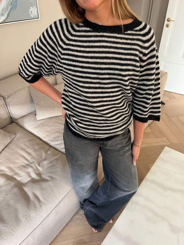 Striped Rib Knit Casual Raglan Sleeve Pullover