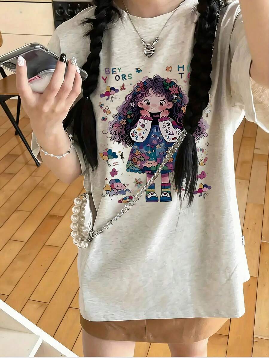 Japanese Style Women Summer Loose Round Neck Short Sleeve Cartoon Girl Print T-Shirt - Light Gray - View 1