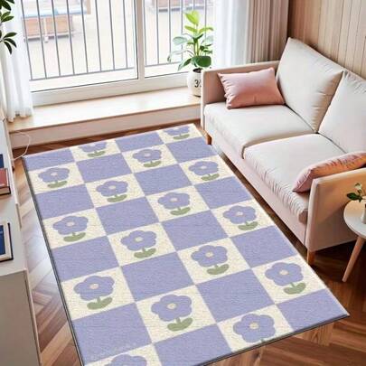 1pc Lavender Checkered Floral Rug, Fresh Ins Style Bedside Carpet, Faux Wool Material, Decorative Rug, Bedroom Decor, Small Rug, Rug, Home Decor, Living Room Rug, Living Room Small Rug, Bedroom Rug, Living Room Home Decor, Outdoor Rug, Washable Rug