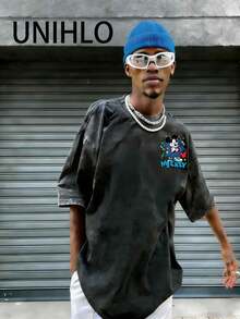 Disney UNIHLO  Mickey   Printed Summer Heavyweight Retro Washed Street Fashion Casual T-Shirt - 黑色 - 查看 3