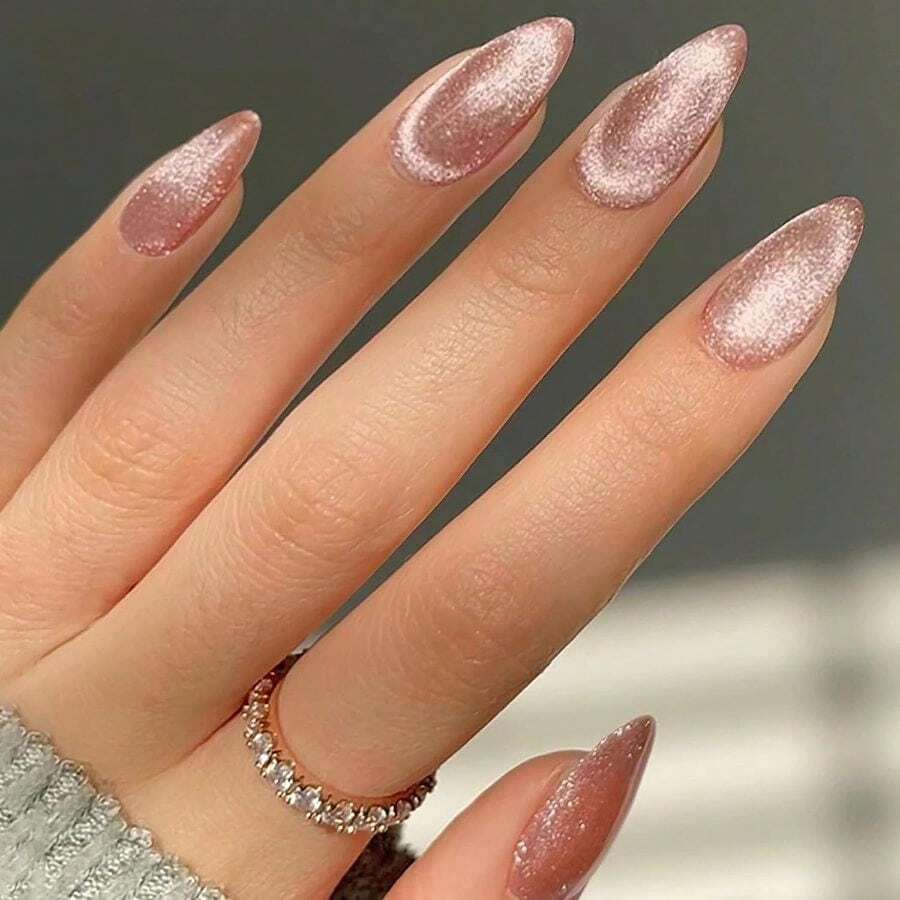 GLAMERMAID Pink Magnet Eyes Press On Nails Short Almond, Handmade Gel Nail Kit, Ombre Glitter Magnetic Glue On Nail Stiletto, Medium Oval Stick On False Nail Women - Rhodonite trần - Xem 1