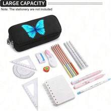美丽的浅蓝色蝴蝶图案大容量铅笔盒，便携式文具包，旅行洗漱包，铅笔筒，马克笔和钢笔收纳盒，化妆包，办公桌收纳包，可水洗文具礼盒套装，返校必备办公用品 - 多色 - 查看 6