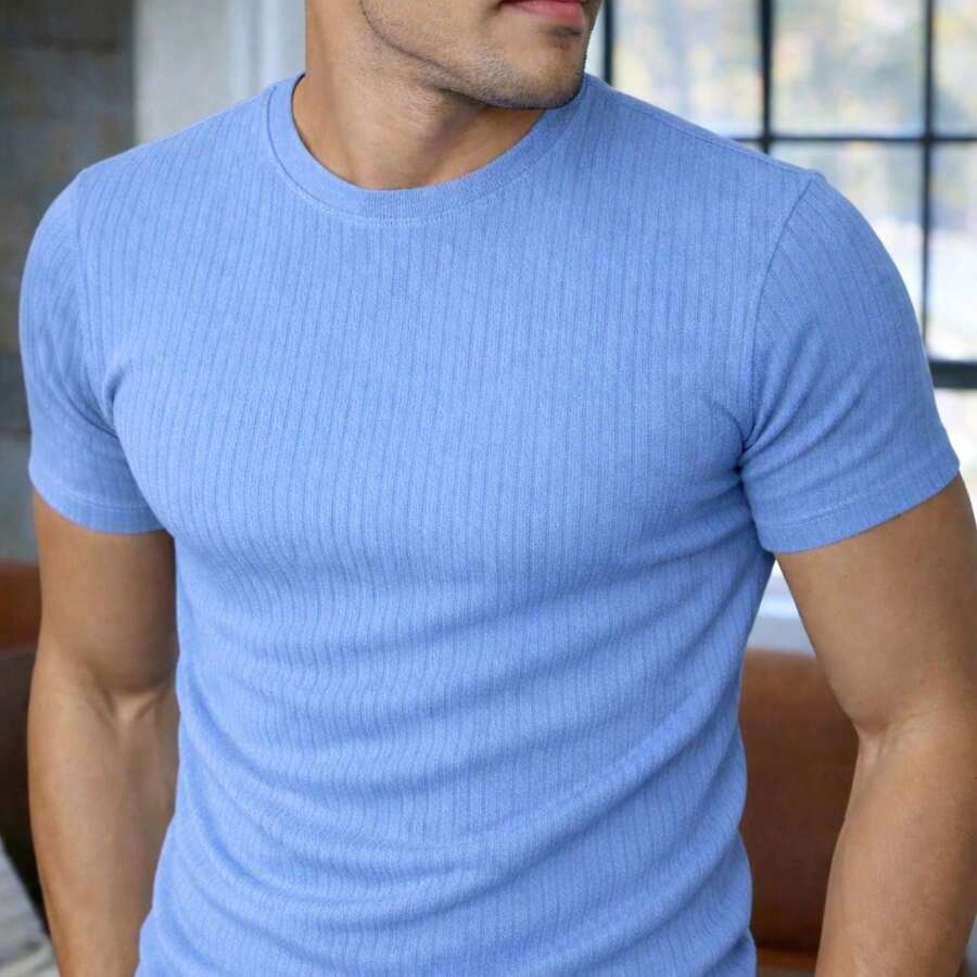 Men's Ribbed T-Shirt, Textured Shirt With Elastane - Sky Blue - View 1