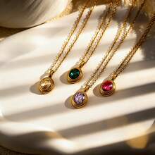 Retro Oval Green Crystal Pendant Necklace | Stainless Steel Gold Tone Waterproof Tarnish Resistant Jewelry For Women - Gold - View 6