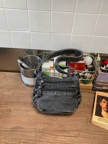 时尚休闲斜挎包，水洗牛仔布面料，复古简约单肩包，纯色户外运动通勤包，迷你简约手提包，适合购物、旅行等场合。 - 黑色 - 查看 9