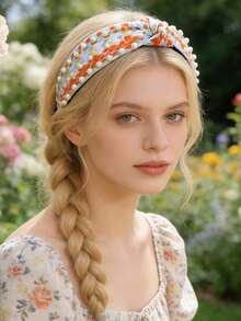 1件刺绣珍珠打结发带，适合节日和海滩穿着 - 彩色 - 查看 3