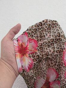 Women's Vacation Beach Leopard Floral Print Halter Bikini Set With Coverup And Skirt, 3-Piece Set Summer - Light Brown - View 4