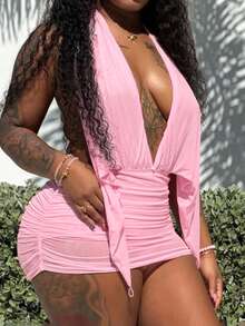 Women's Solid Color Halter Deep V Backless Ruffle Pleated Bodycon Mini Dress Pink Elegant Party Summer - Pink - View 7