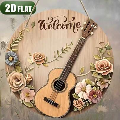 2D平面木质（木吉他配花卉装饰，温馨欢迎圆形牌匾）节日悬挂装饰标牌。圆形木质标牌，适用于家居、商店、咖啡馆、酒吧、办公室、游戏室墙面装饰/完美房间装饰、庭院、车库、花园装饰/婚礼、乔迁、派对优雅礼物、办公室装饰、咖啡馆装饰、花卉设计、乡村风格装饰、木质牌匾、木材、活动策划