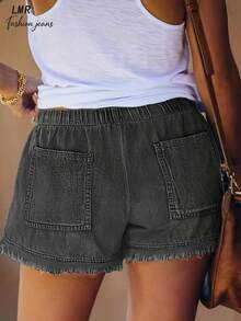 Pantalones cortos de mezclilla casuales y holgados con bolsillos y dobladillo deshilachado para mujer de talla grande en verano - Gris - Ver 6