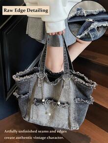 Vintage Personalized Street Chain Decorated Jeans Tote Bag For Women, Versatile Commuting Large Capacity Raw Edge Ombre Design Shoulder Bag - Spacious Purse For Travel, Work, College, Holds Books, Laptop, Water Bottle, Umbrella & Phone In Classic Blue & Black Wash,Casual Multi-Pocket Handbag, Suitable For Shopping And Commuting., Perfect For Cow Girl[US Local Warehouse] - 彩色 - 查看 6