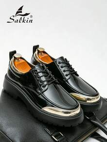 Salkin Pantofi Derby bărbătești, noi și eleganți, de designer, pantofi de damă eleganți cu șireturi, parte superioară din piele moale și confortabilă, pantofi casual bărbătești pentru zi cu zi, întoarcerea la școală, studenți, stil universitar, talpă groasă care mărește înălțimea, naveta de afaceri, ocazii formale, pantofi pentru mire, cadou de sărbători, primăvară/vară/toamnă, mărime mică, vă rugăm să comandați o mărime mai mare. - Negru - Vizualizare 5