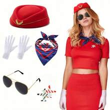 5pcs Women's Pilot Role Play Costume Set, Includes Hat, Scarf, Glasses, Gloves, Flight Attendant Makeup Party Outfit, Suitable For Role Play, Party And Dance Stewardess Costume - Multicolor - View 13