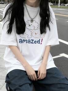 Japanese Style Women's Loose Round Neck Short Sleeve Letter & Cartoon Print T-Shirt, Spring/Summer - White - View 1