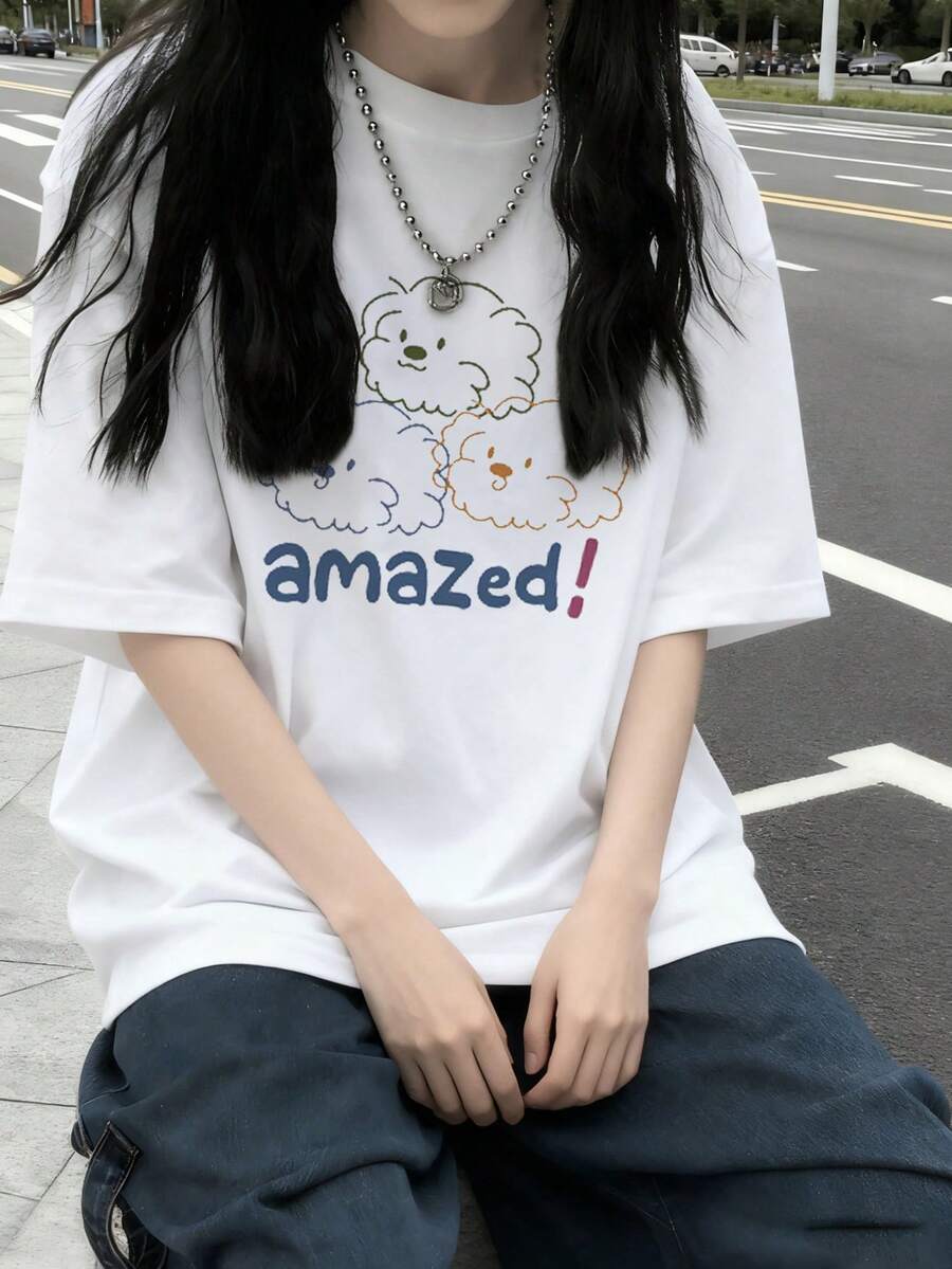 Japanese Style Women's Loose Round Neck Short Sleeve Letter & Cartoon Print T-Shirt, Spring/Summer - White - View 1