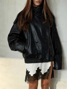 2026 Fall Winter PU Leather Women Black Clothes For Women Halloween Christmas Vintage Elegant Zip Up High Neck Ladies Coats Valentine's Day Carnival Party Vacation Casual For Women Coats - Black - View 7