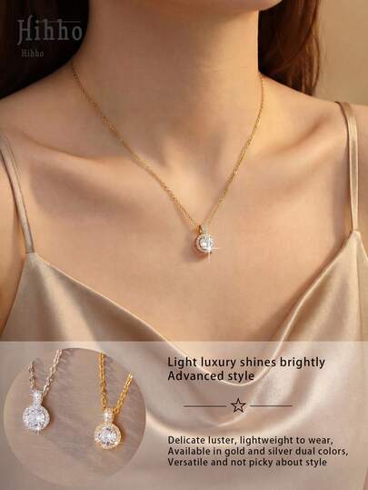 Hihho 1pc Dual-Tone Zirconia Encrusted Necklace, Luxurious Sparkling High-End Style, Zirconia Accents Add Dimension, Suitable For Daily, Date, Party, Holiday Gift