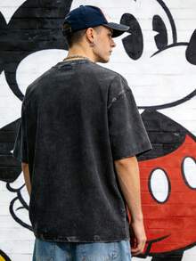 Disney Simple  Mickey Print T-Shirt, American Street Style Loose Men's Short Sleeve - 黑色 - 查看 2