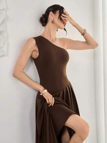 Brown Off-Shoulder Asymmetrical Long Dress, Fitted Top And Loose Bottom Design, Elegant For Formal Occasions Like Weddings - Brown - View 7
