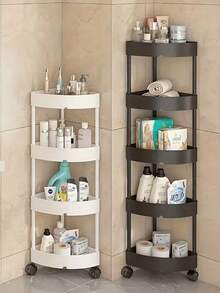 3/4/5-Tier Plastic Corner Shelf, Brushed Finish, Foldable Design, Easy Assembly, Space-Saving Triangular Rack With Wheels For Bathroom, Kitchen, Bedroom, Home & Office Storage Of Food, Tools, Cosmetics, Towels, Books - Freestanding Tiered Shelf, Shelves For Storage - White - View 8