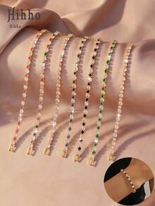 Hihho 1 pulsera de brazalete con baño de oro y circonita cúbica, elegante y brillante con opciones multicolor de rosa, azul, verde, negro y blanco transparente, adecuada para uso diario, citas, fiestas, eventos sociales ligeros y como regalo para fiestas - Pulsera de tenis - Ver 1