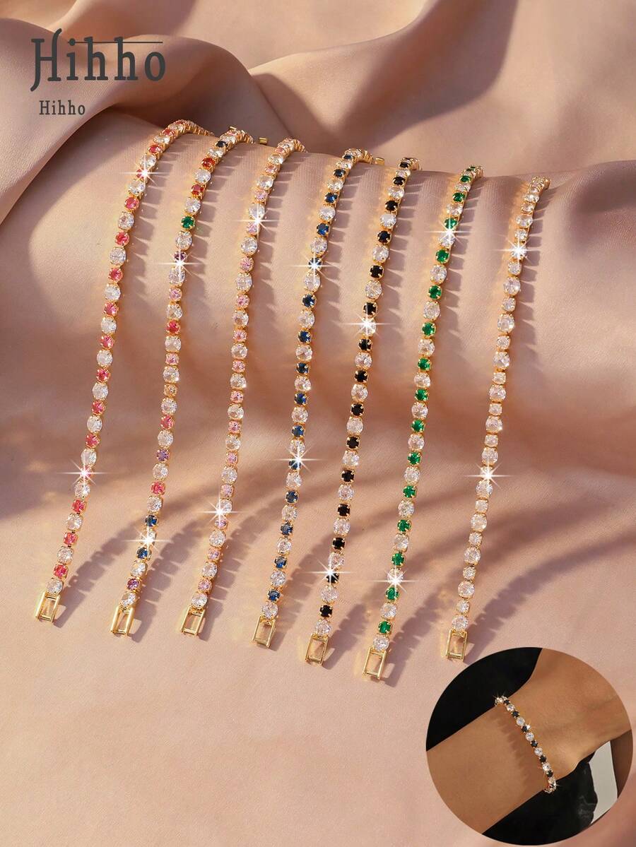 Hihho 1 pulsera de brazalete con baño de oro y circonita cúbica, elegante y brillante con opciones multicolor de rosa, azul, verde, negro y blanco transparente, adecuada para uso diario, citas, fiestas, eventos sociales ligeros y como regalo para fiestas - Pulsera de tenis - Ver 1