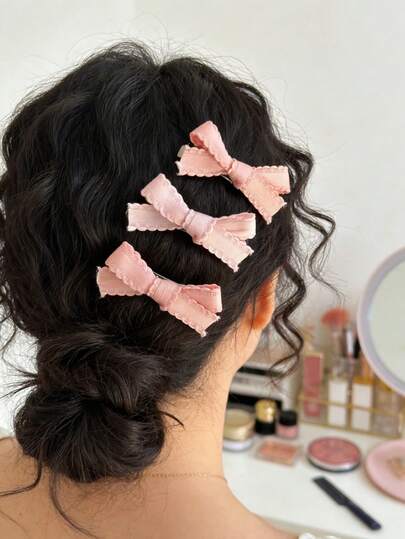3 piezas Mini Pinzas para el cabello con moño tricolor rosa - Adecuado para boda, compromiso, despedida de soltera, Día de San Valentín, atuendos festivos